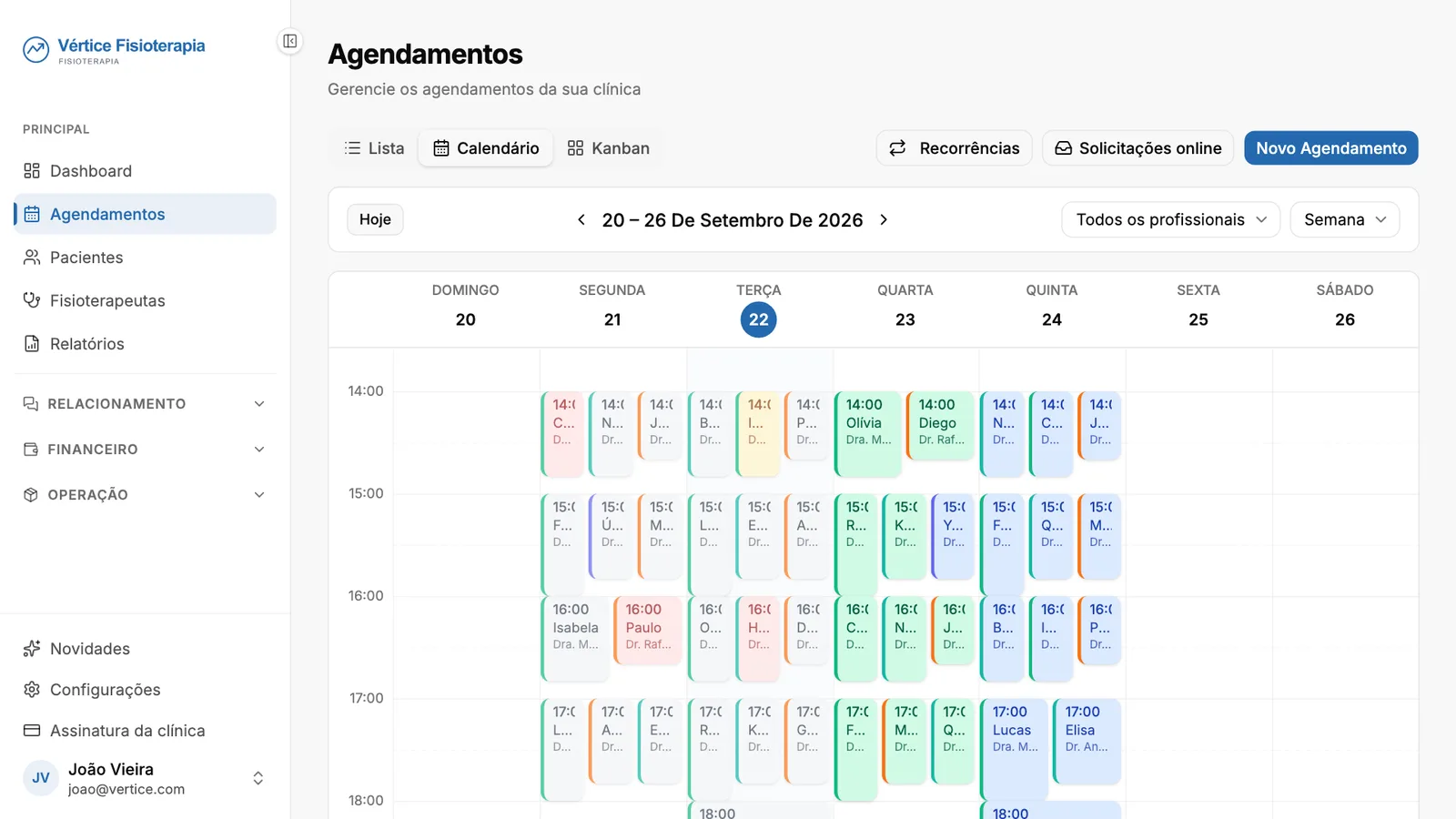 Agenda configurada da Vértice Fisioterapia