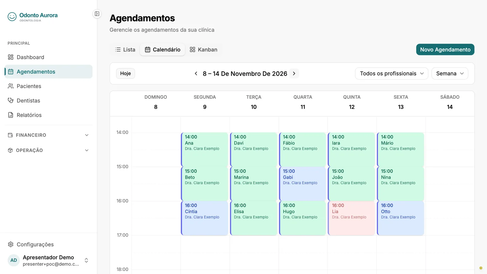 Agenda semanal da clínica Odonto Aurora no Contclinic