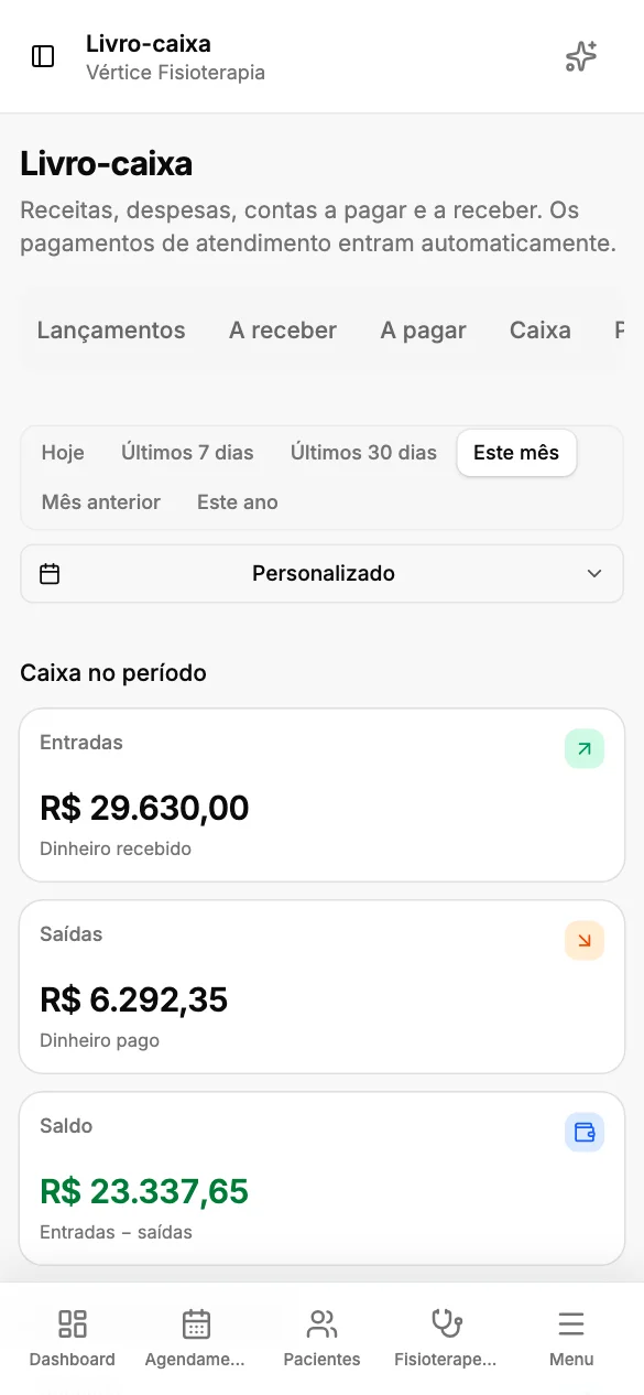 Livro caixa real do Contclinic exibido na versão mobile